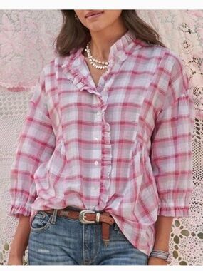 Sundance Janis Pink Plaid Ruffle 3/4 Sleeve size XL